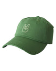 sage colored rowdee hat with rock on hand sign in cream on a white background